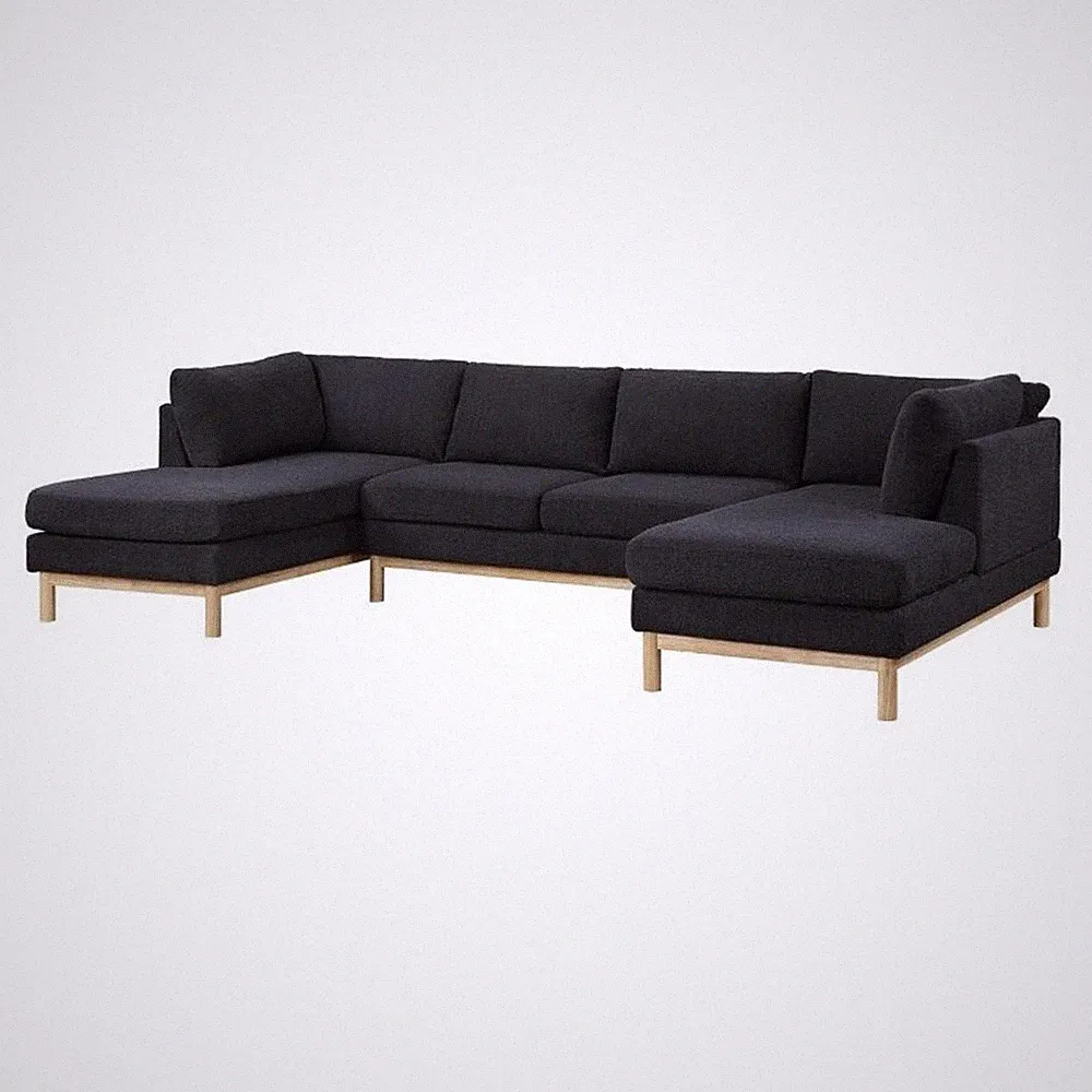 Hle 124 Inch Wide Sectional Sofa Double Chaise- U Shape- Black Sherpa- Wood