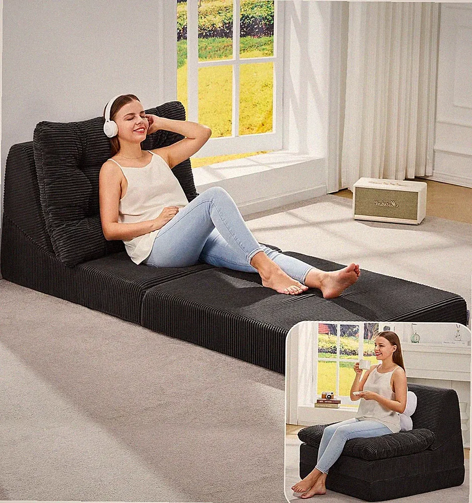 Hobestluk Folding Sofa Bed Floor Lounger Convertible Couch Cordury Black
