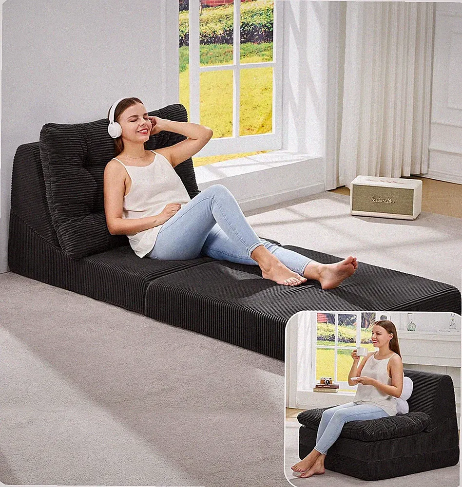 Hobestluk Folding Sofa Bed Floor Lounger Convertible Couch Cordury Black