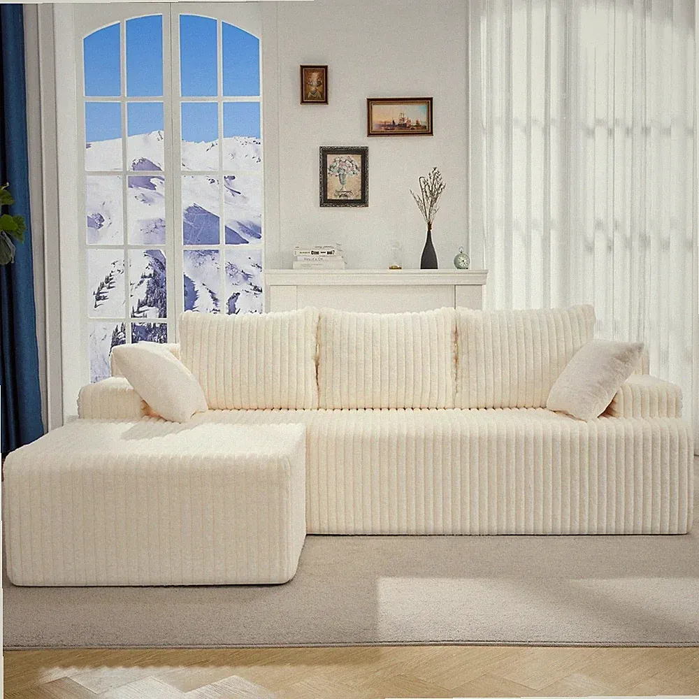 Hobestluk Modular Sofa Chaise Sectional Ivory Deep Seat Removable Cover Non Slip