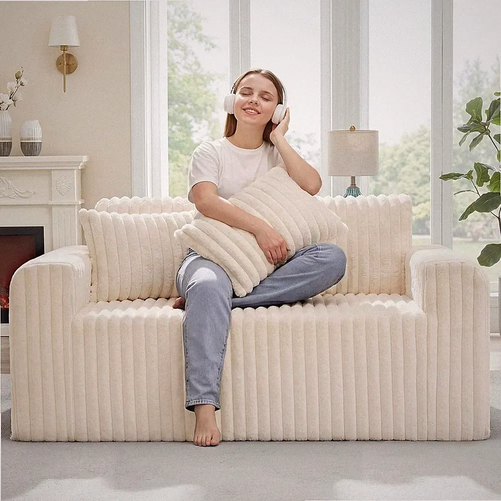 Hobestluk Small Sofa Couch Loveseat Channel Ribbed Plush Cream Upholstered