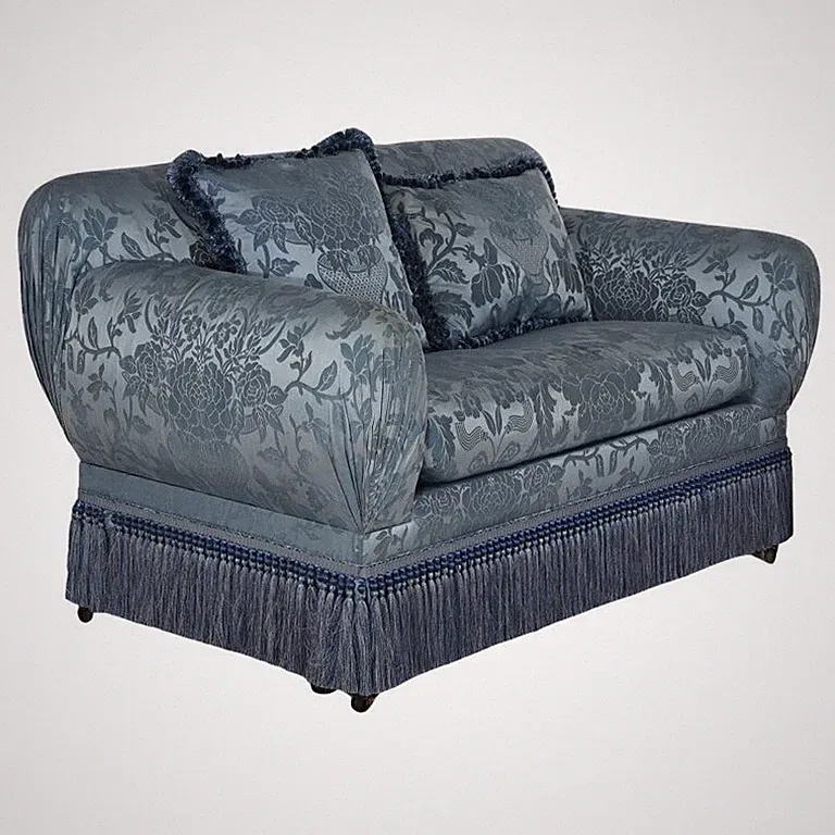 Hollywood Regency Upholstered Overstuffed Settee with Fringe Skirt 20thC