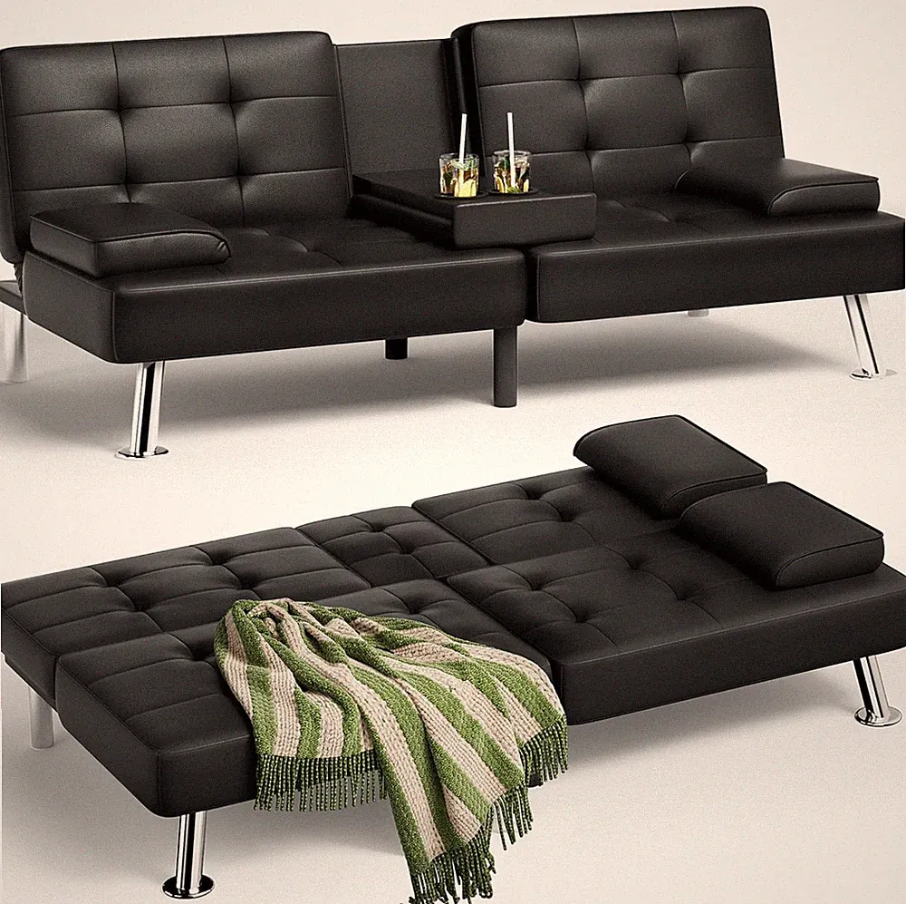 Homall Futon Sofa Bed, Leather Futon Couch with Removable Armrests Black