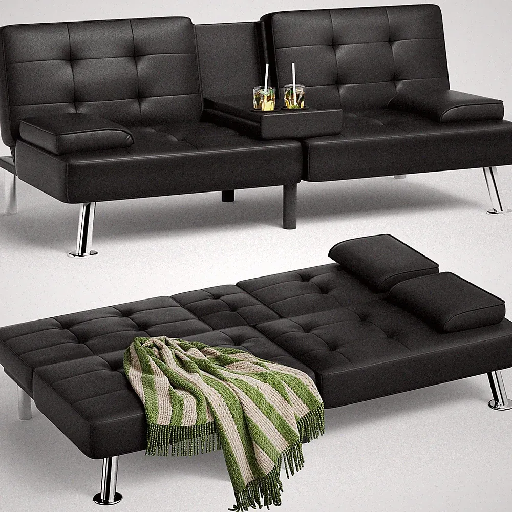 Homall Leather Futon Sofa Bed - Convertible Sleeper Couch with Cup Holders