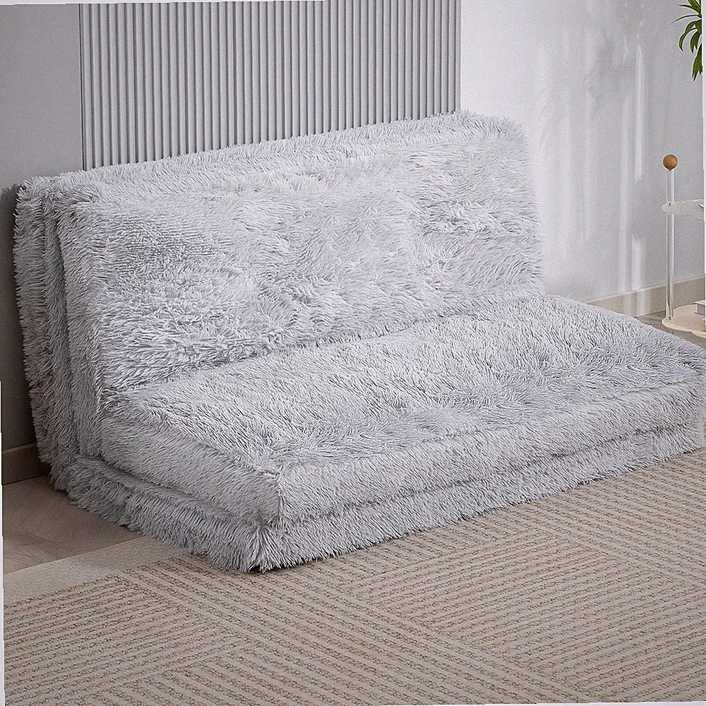 HOMCOM Bean Bag Floor Sofa Bed, Plush Folding Floor Mattress, Light Gray