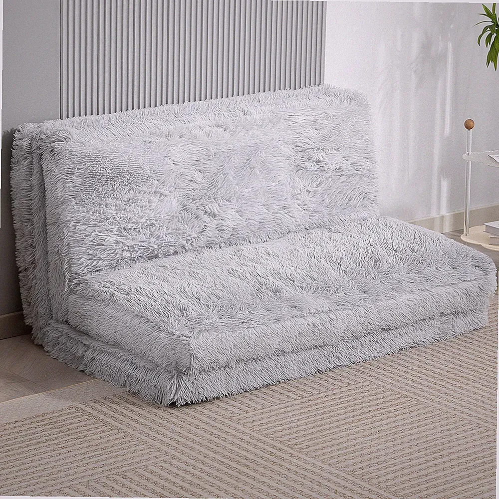 HOMCOM Bean Bag Floor Sofa Bed, Plush Folding Floor Mattress, Light Gray