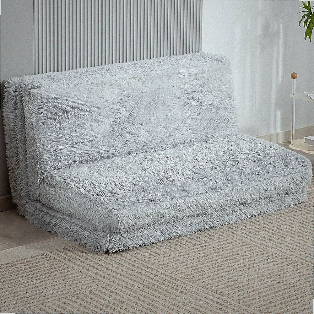 HOMCOM Bean Bag Floor Sofa Bed, Plush Folding Floor Mattress, Light Gray