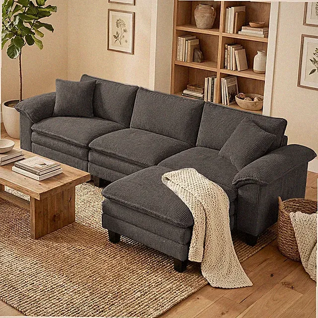 HOMCOM L-Shaped Sectional Sofa, Deep Seat Couch with Ottoman, Dark Gray,Used