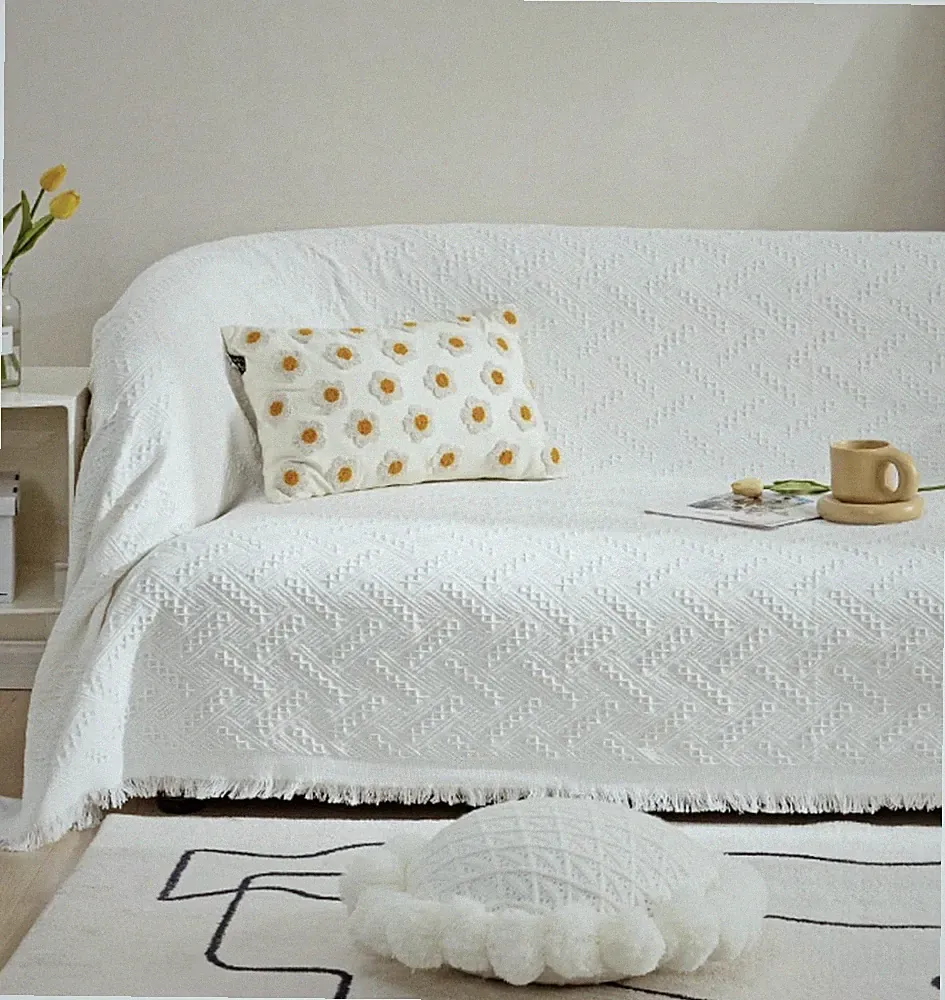 Homcosan Sofa Slipcover Towel Cover Cotton Knit White Geometrical 71"x118" New