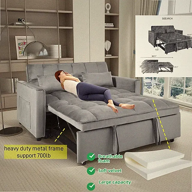 Home Convertible Sofa Bed,3-in-1 Pull Out Couch Bed Reclining Backrest+Pillows