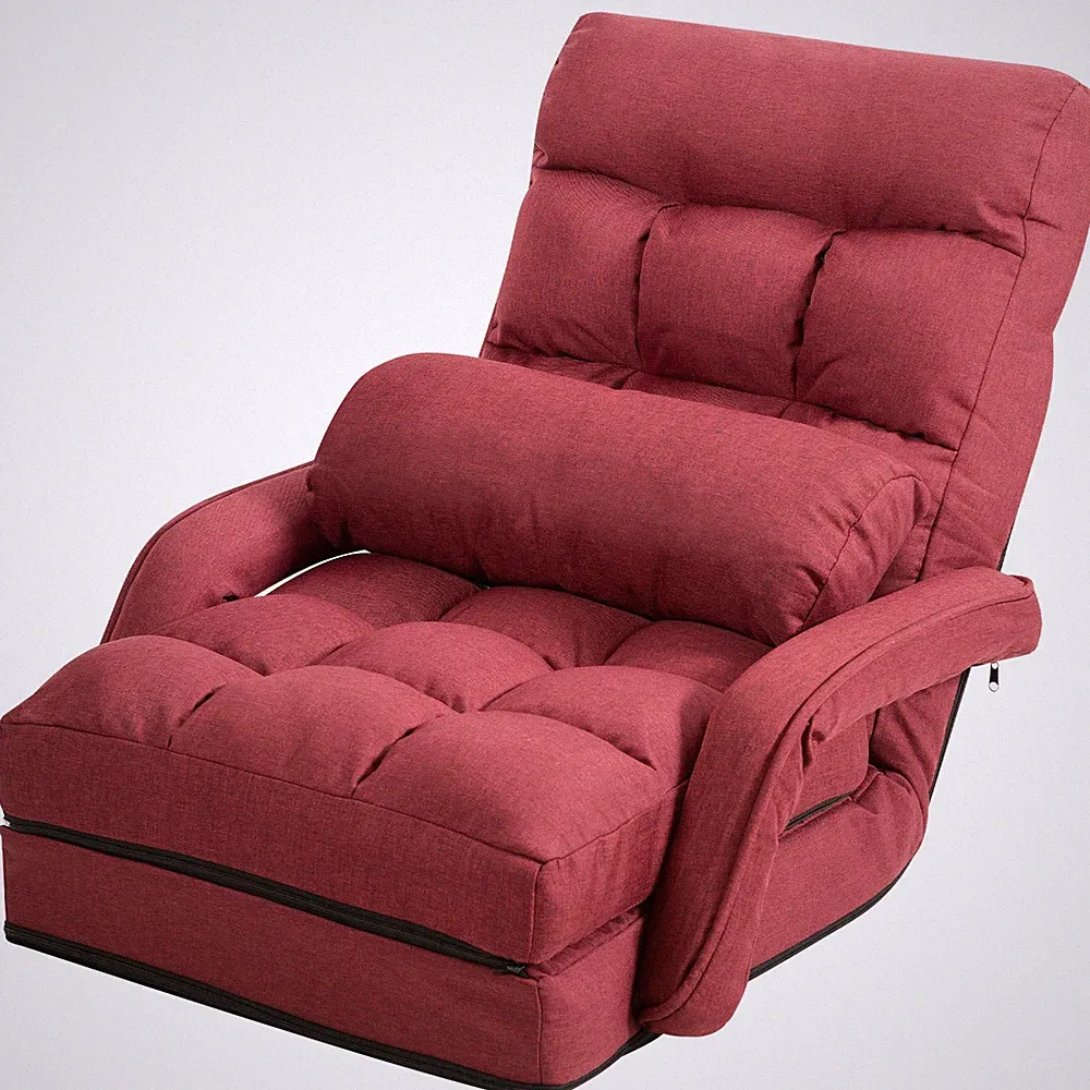 Home Folding Lazy Sofa Floor Chair Sofa Lounger Bed Armrests Pillow Red