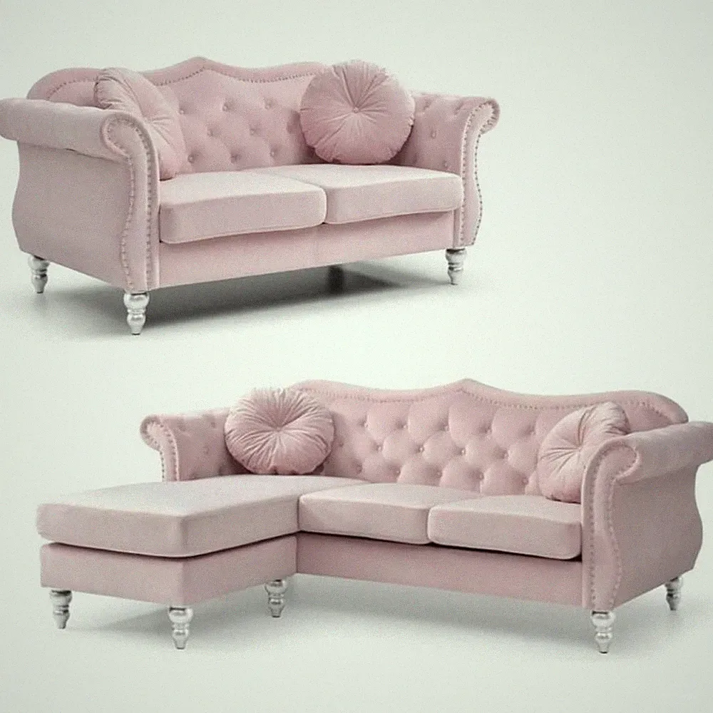 Home Square 2-Piece Furniture Set with Sofa Chaise and Loveseat in Pink
