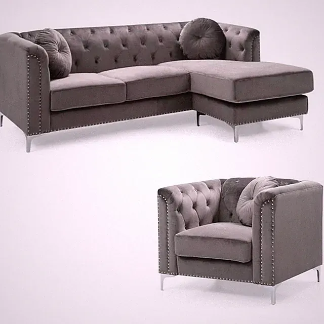 Home Square 2-Piece Set with Velvet Sofa Chaise and Chair in Dark Gray