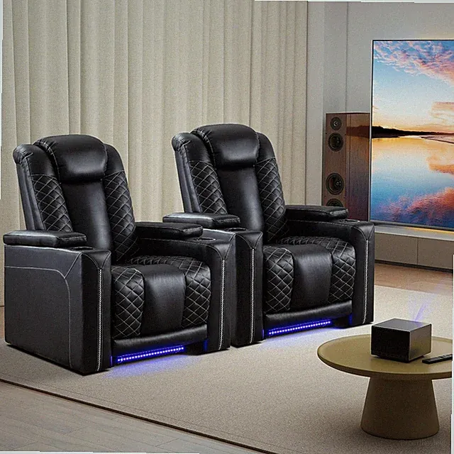 Home Theater Seating with USB Ports and Cup Holders, Overstuffed Faux Leather El