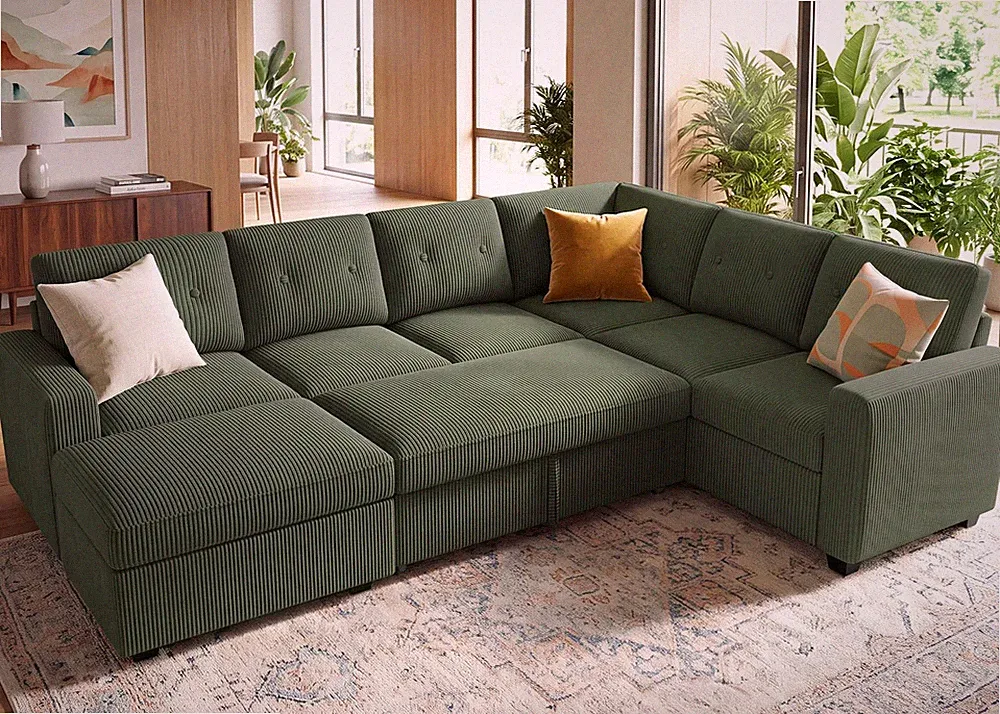 HONBAY Corduroy Sectional Sleeper Sofa with Pull Out Bed, 7 Seaters 106 Inch....