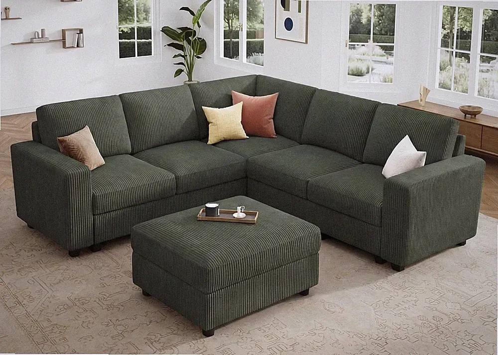 HONBAY Corduroy Sectional Sofa with Storage Ottoman, 6 Seaters L Shaped Small...