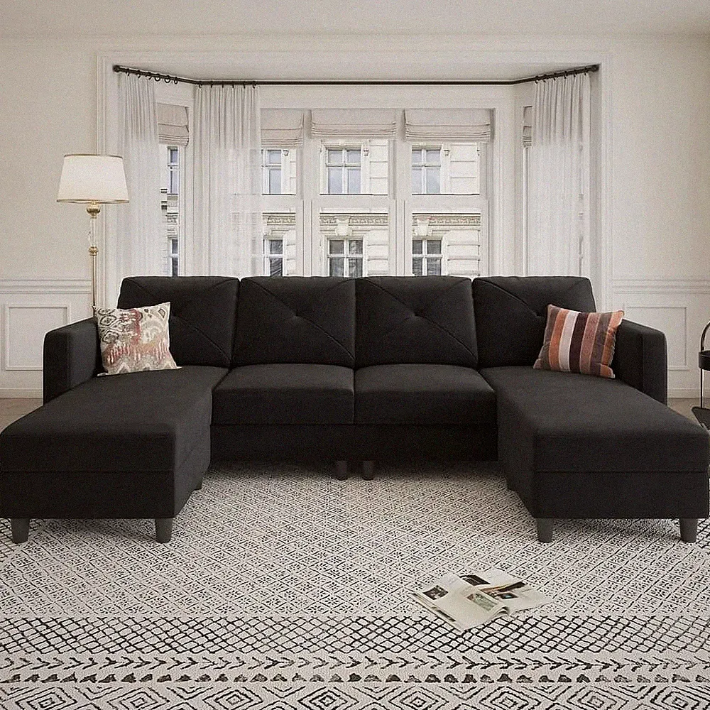HONBAY Modern Sectional Sofa with Tufted Back Cushions and Ottoman, Living Room