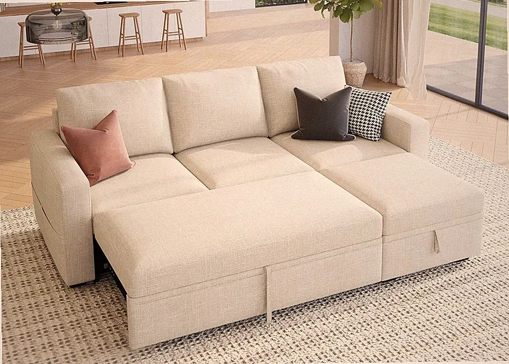 HONBAY Modular Sectional Sleeper Sofa Beige Pull Out Bed