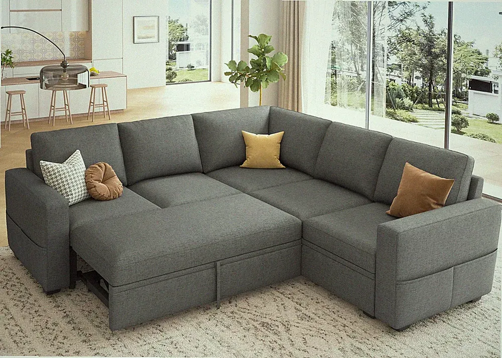 HONBAY Sectional Sleeper Sofa with Pull Out Bed,L Shaped Couch with Storage Seat