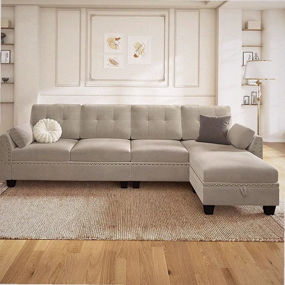 HONBAY Velvet Convertible Sectional Sofa L Shaped Couch with Storage Ottoman Rev