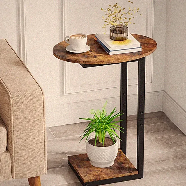 Hosfais Side Table Small End Table, C-Shaped Wood Sofa Table with Metal Frame...
