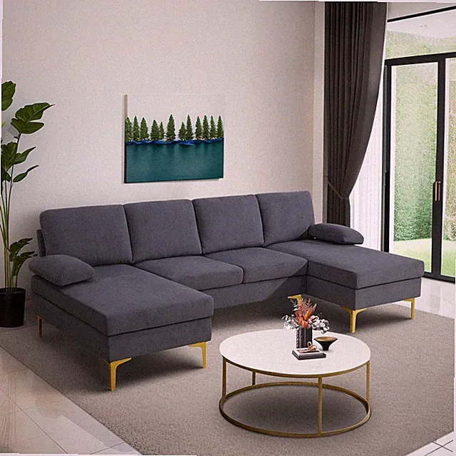 Hot！Beige/Deep Grey Flannel U-shaped 3-Piece Living Room Sofa Set