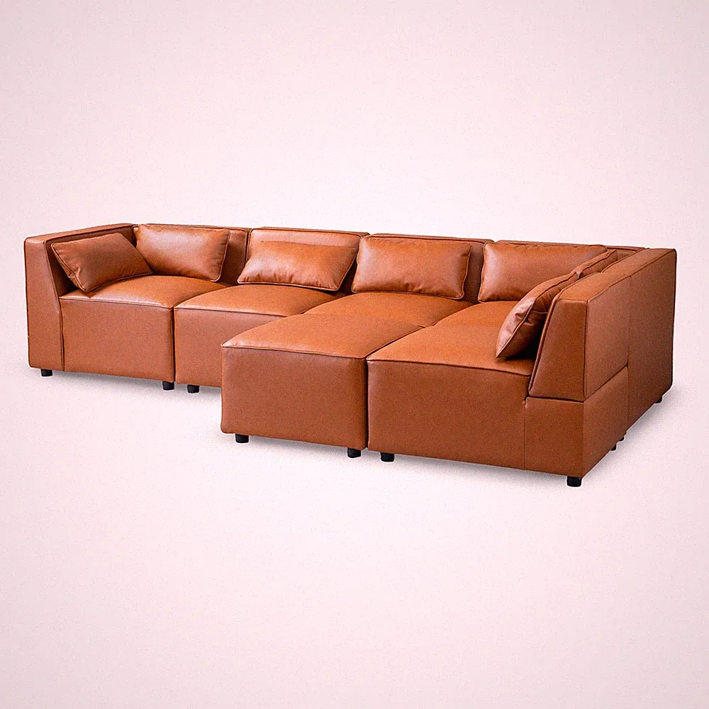Howell Mid Century Modern Modular Cognac Tan Leather Comfy Sectional Couch