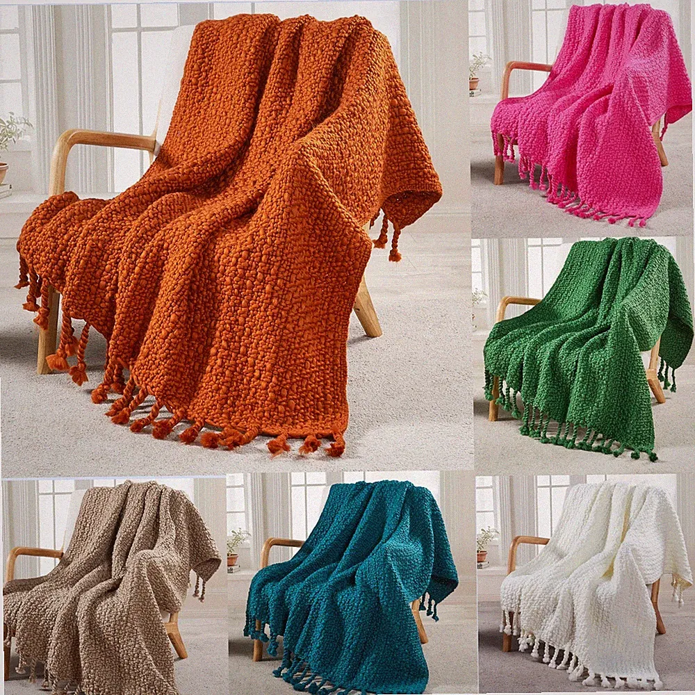 HST Chunky Knit Basket Weave Throw Blanket Boho Farmhouse Tassels Couch Sofa Bed