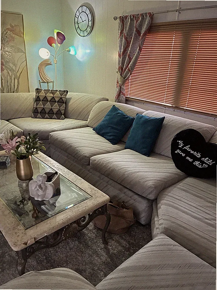 Huffman-Koos Beige Gray Stripe Sectional Sofa Wood Frame with Cushions