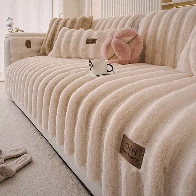 Huierxun Fuzzy Rabbit Plush Sofa Cover Thick Soft Fur Sectional Couch Cover