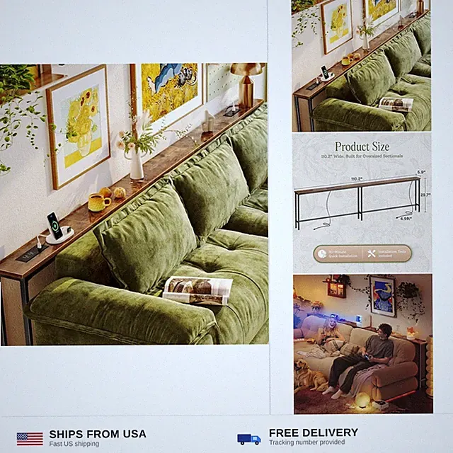 Huuger 110.2 Inch Behind Couch Table with 2 Power Outlets and USB-C Ports, Ex...