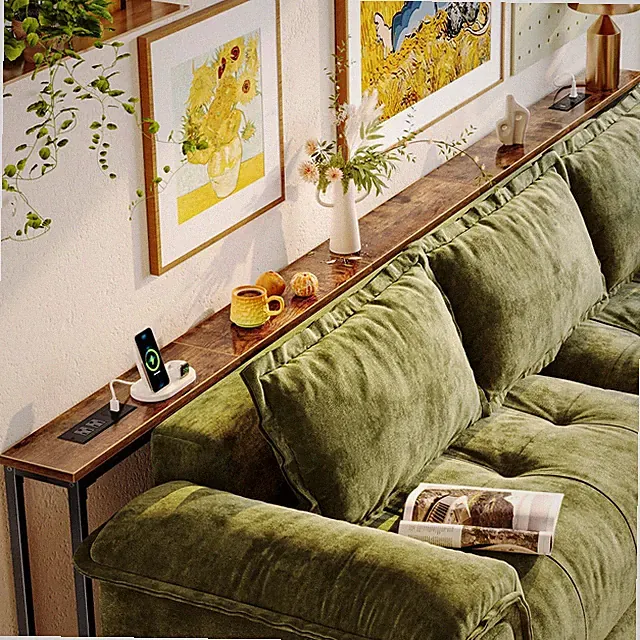 Huuger 110.2 Inch Behind Couch Table with 2 Power "W, Rustic Brown
