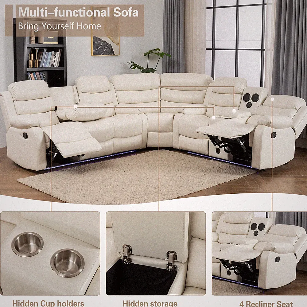 Hybition Faux Leather Living Room Set Modern Reclining Sectional Sofa Set -White