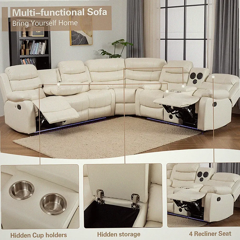Hybition Faux Leather Living Room Set Modern Reclining Sectional Sofa Set -White