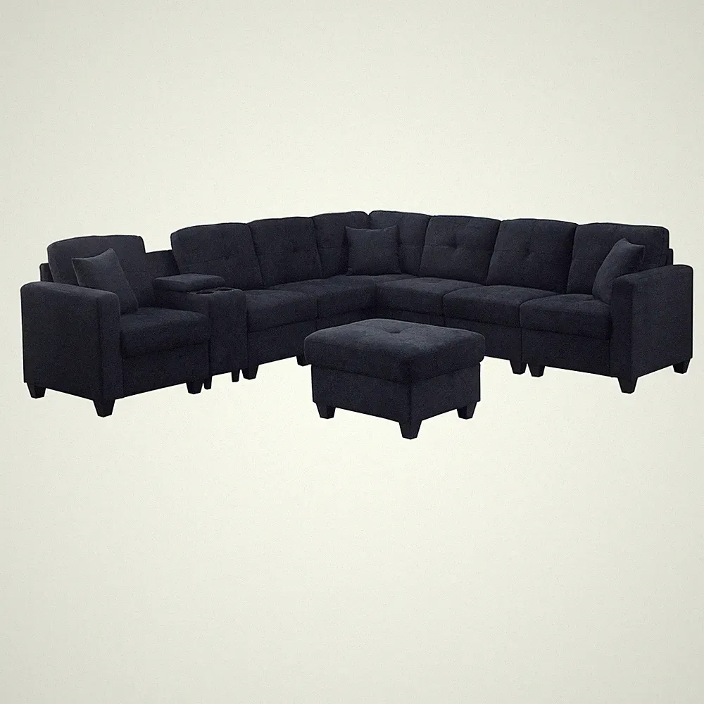 Hybition Modern Convertible Velvet Sectional Sofa with Ottoman&Console Blue