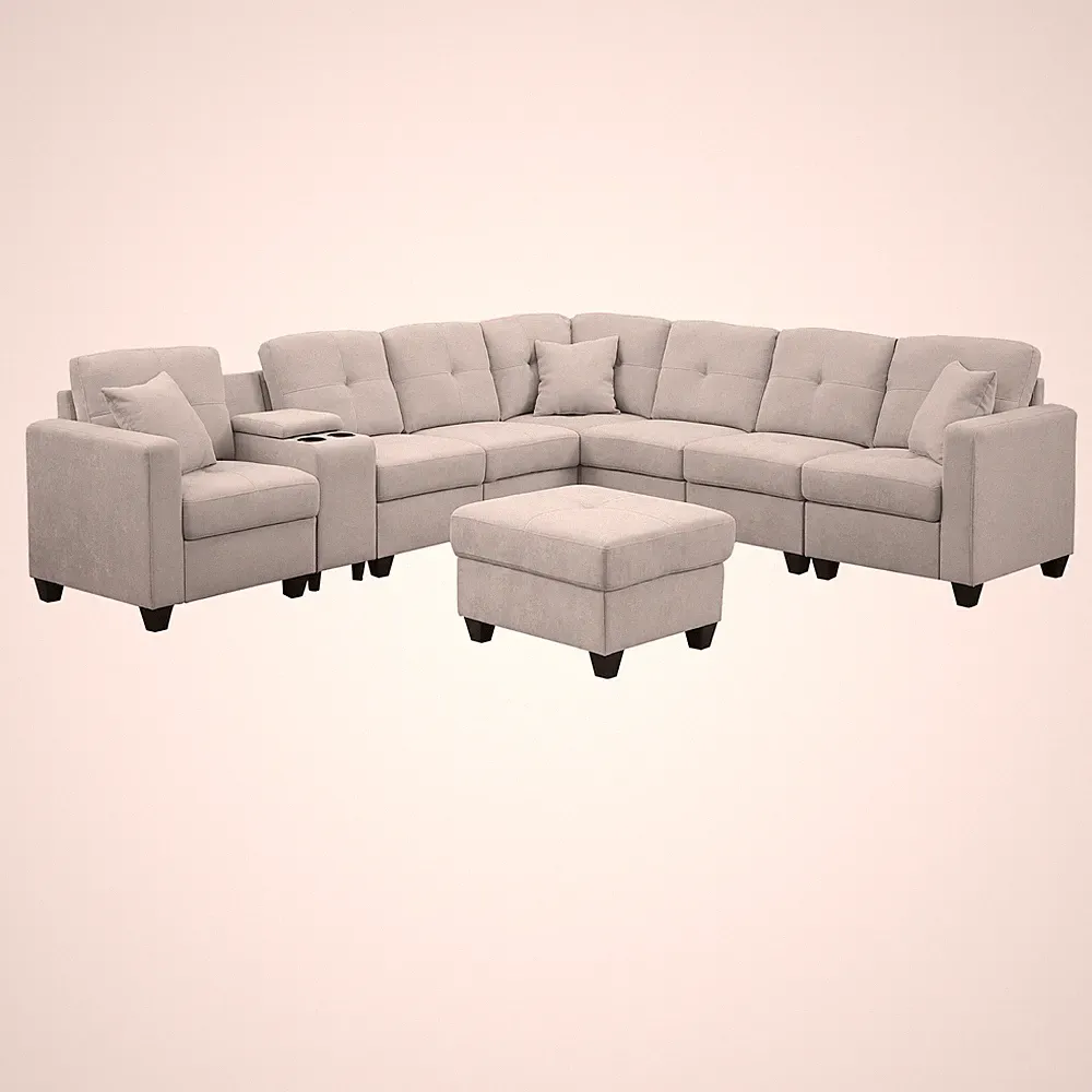 Hybition Modern Convertible Velvet Sectional Sofa with Ottoman&Console Gray
