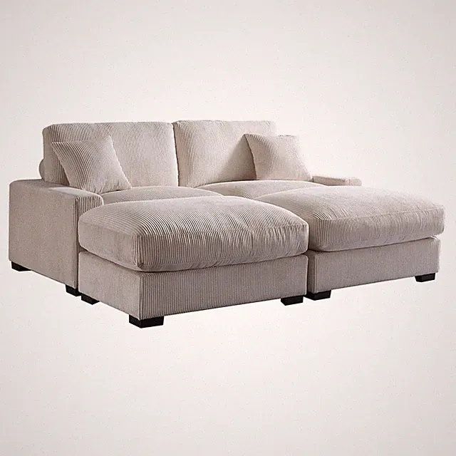 Hybition Oversized Loveseat Sectional Sofa 2 Movable Ottomans Pillows Beige