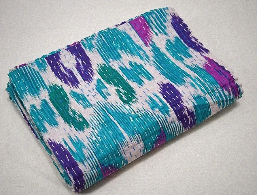 Ikat Print Kantha Quilt Indian Twin Bedspread Cotton Blanket Bedding Sofa Throw