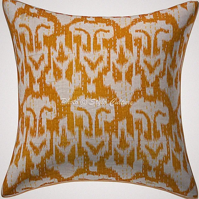 Ikat Sofa Pillowcase Kantha Embroidered Cotton Throw Cushion Cover Yellow Decor