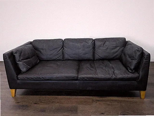 Ikea 3-Seat Dark Leather Sofa with Wooden Legs