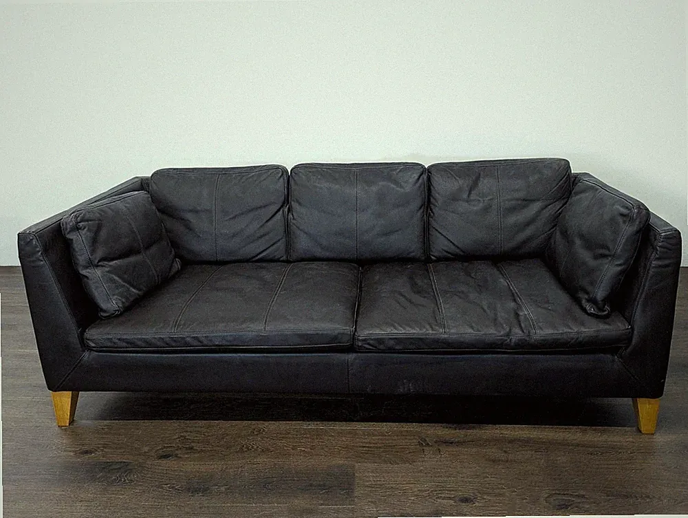 Ikea 3-Seat Dark Leather Sofa with Wooden Legs