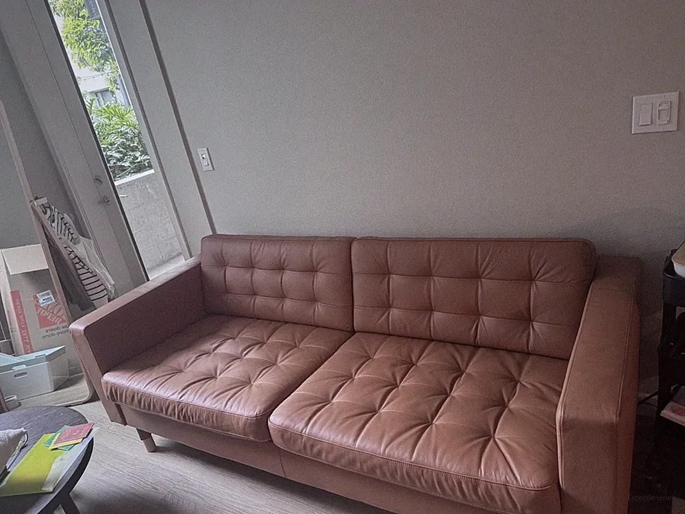 IKEA Brown Leather Tufted 2-Seat Sofa with Track Arms, Cushions, Wood Frame