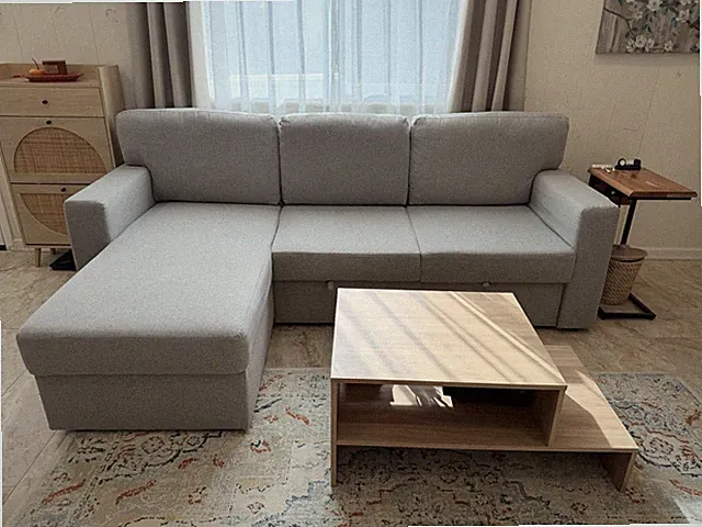 IKEA Light Gray Sleeper Sofa Convertible Bed Storage + mattress + side table