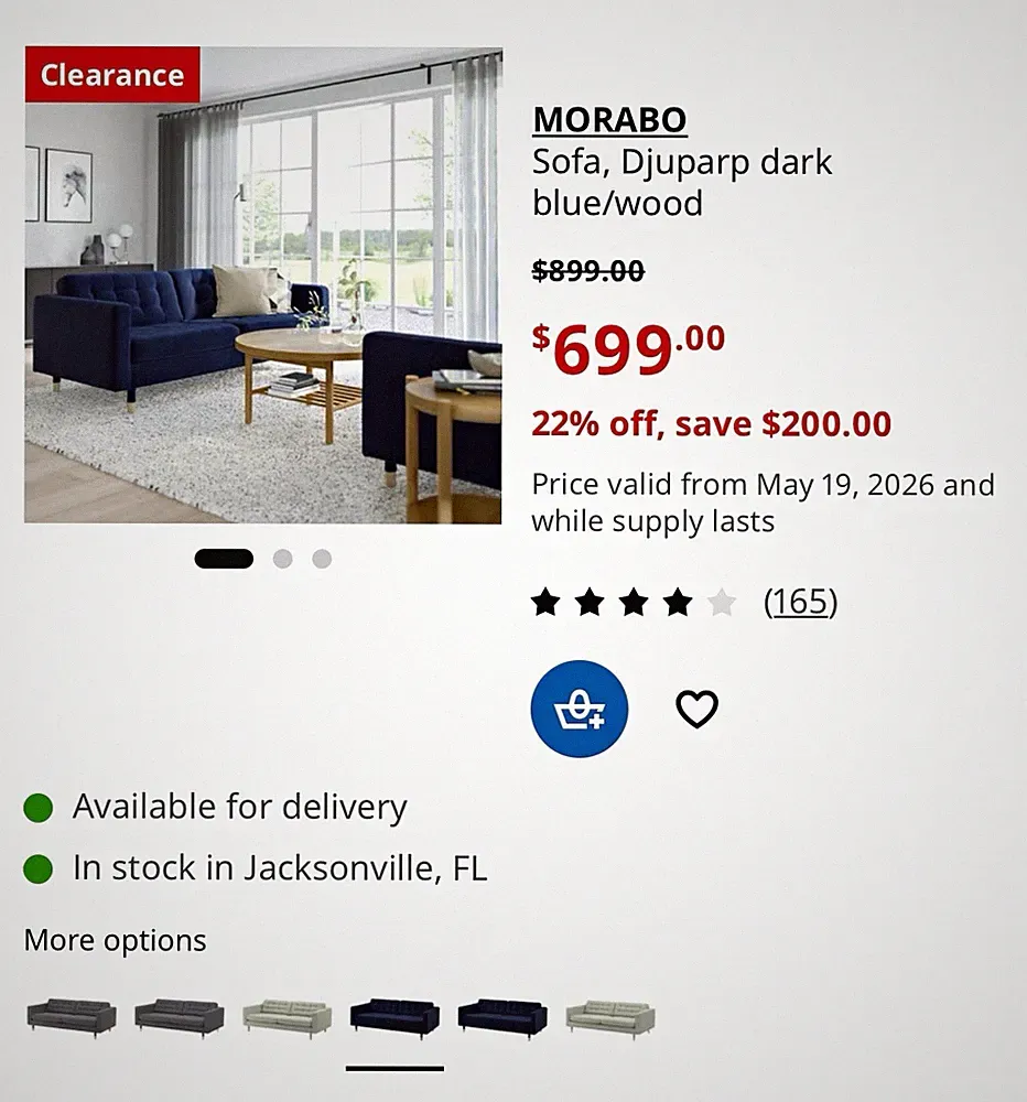 IKEA MORABO Dark Blue Fabric Sofa Chaise Sectional Track Arms 120x63