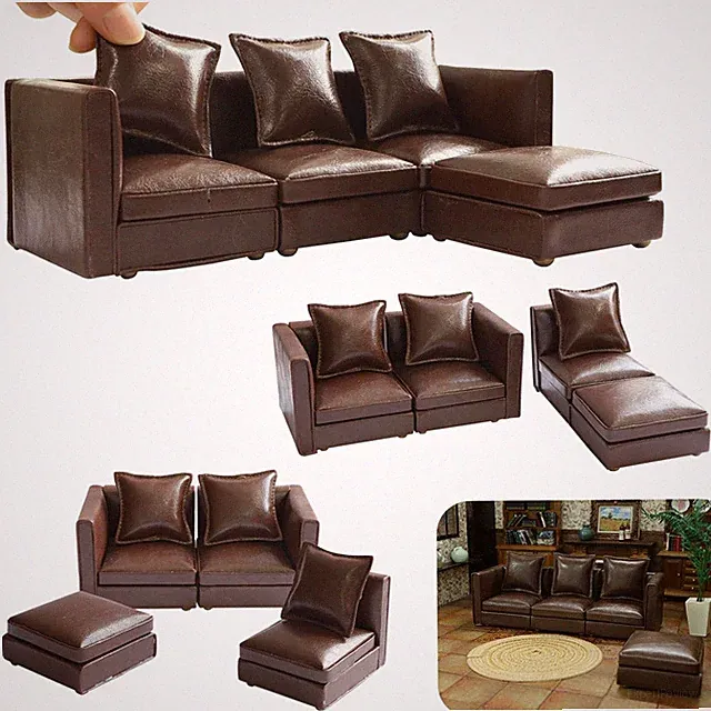iLAND Dollhouse Furniture Miniature Sectional Couch Set 2.87 inches, Brown