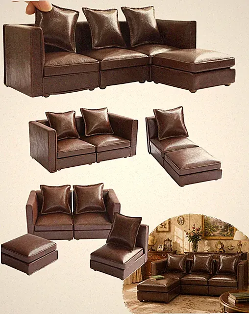 iLAND Dollhouse Furniture Sectional Dollhouse Couch Set Brown Faux Leather So...