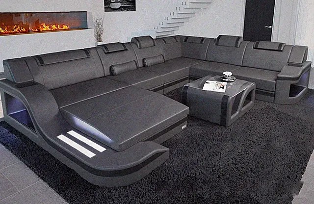 Illuminated Elegance U-Shaped Leather Sectional Sofa with LED Lights