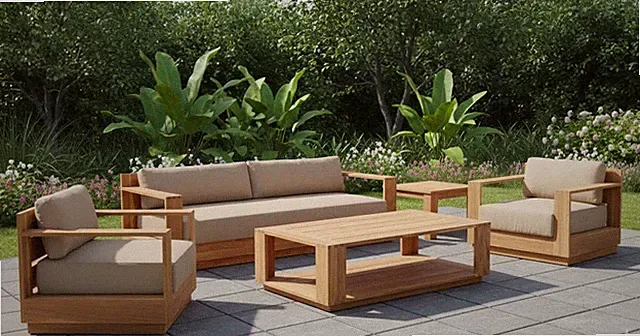 Imperial Grove Outdoor Solid Teak Wood Sofa Set Sofa + Arm Chair And Coffee Tab