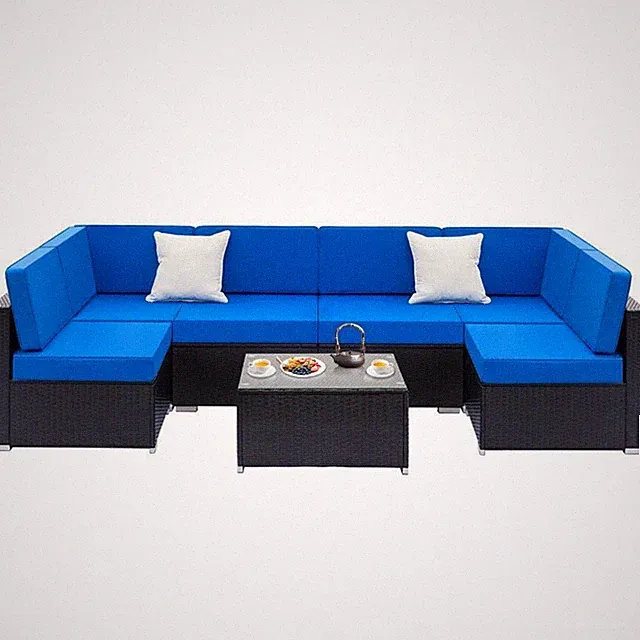 In/Outdoor Patio Set of 7 Rattan Furniture Wicker Royal Blue Cushioned Sofa Set