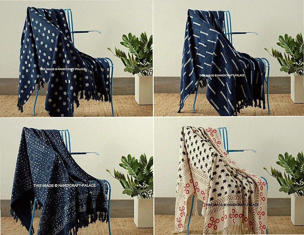 Indian Block Print Throw Blanket Shawls Wraps Hand Loomed Cotton Bed Sofa Throw